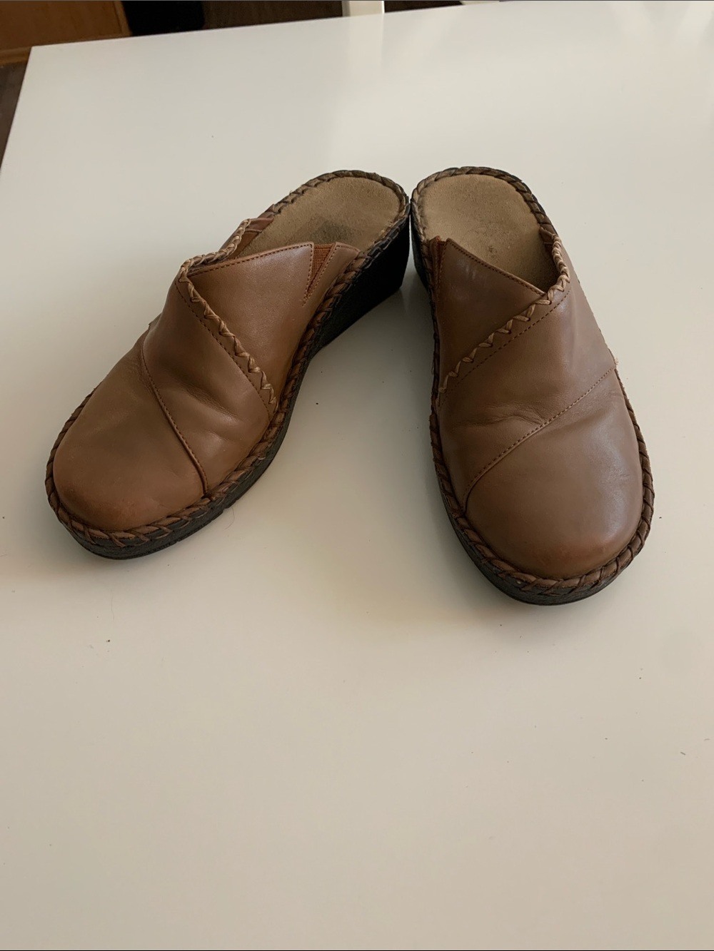 Brown Leather Slip-On Clogs